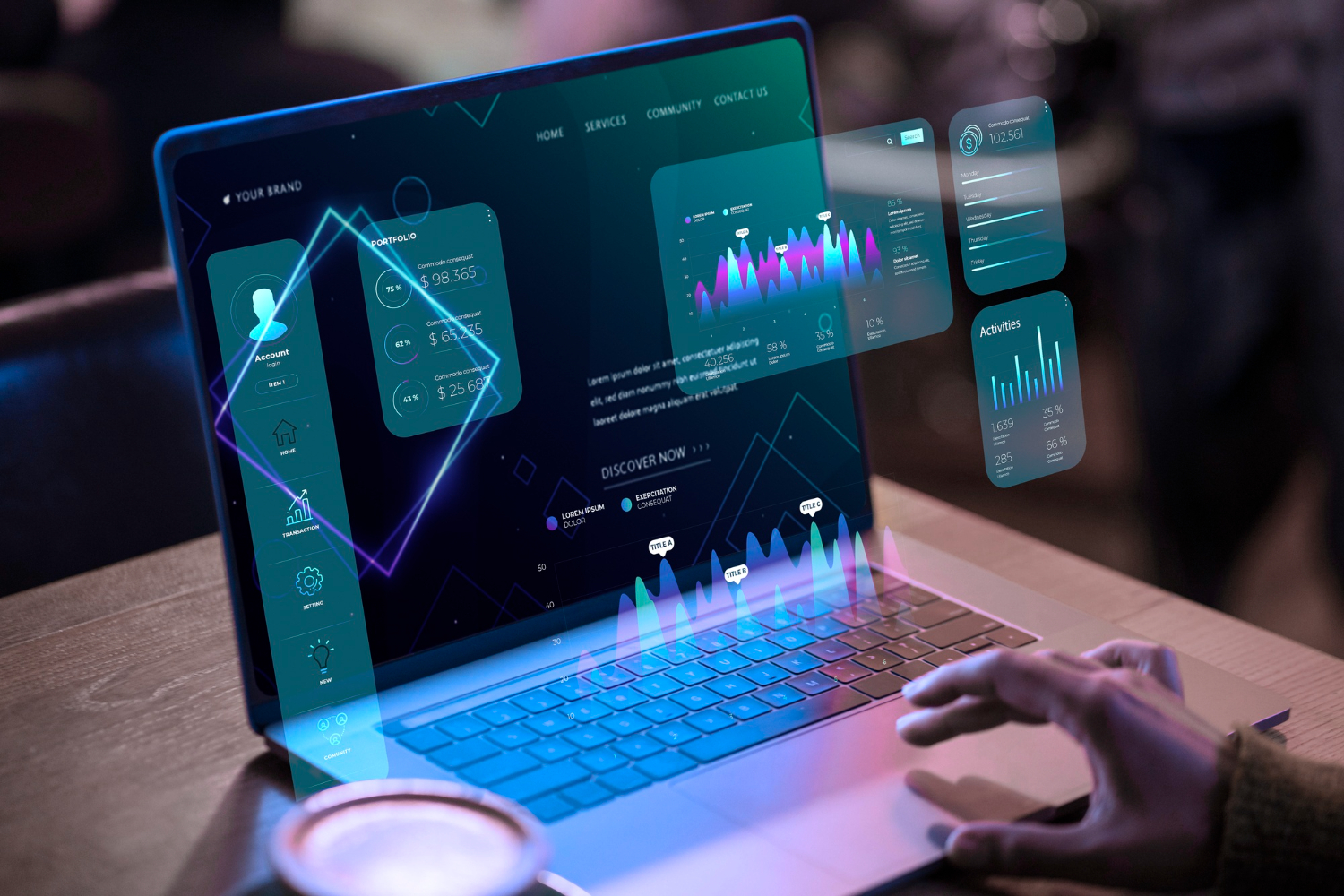 Pantalla de aplicación fintech mostrando gráficos financieros y alertas de privacidad.