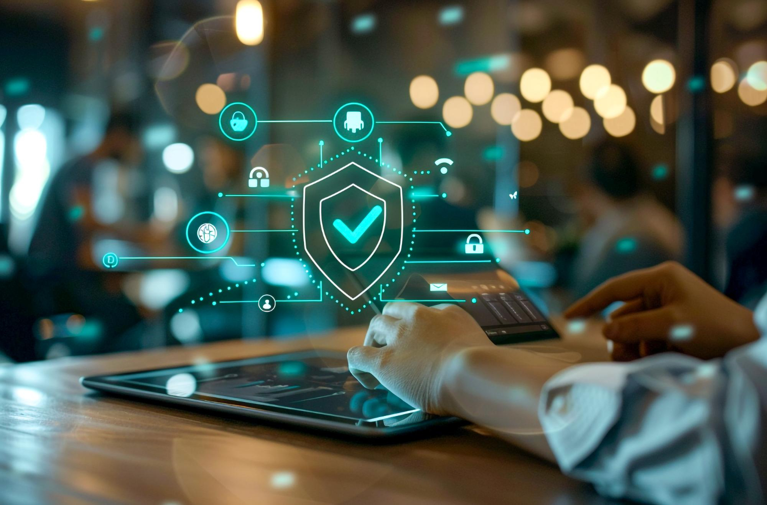 Ilustración conceptual de seguridad digital Zero Trust aplicada al sector financiero, con escudos, candados y flujos de datos protegidos.